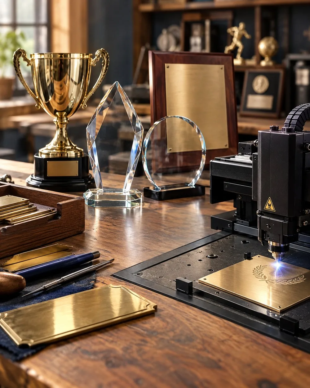 The Trophyworks workbench: a gold cup, crystal awards, a walnut plaque, brass plates and a laser engraver at work
