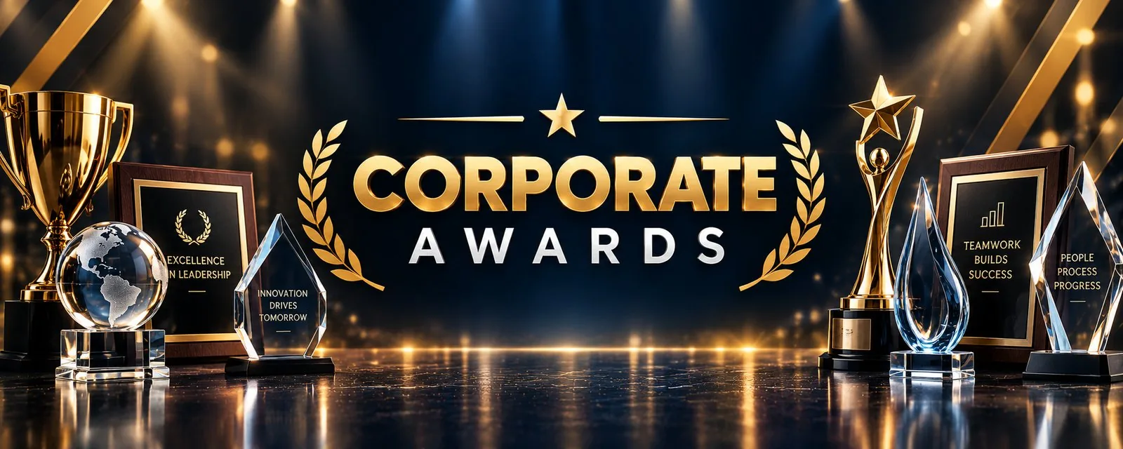Corporate Awards banner with crystal, acrylic and plaque awards