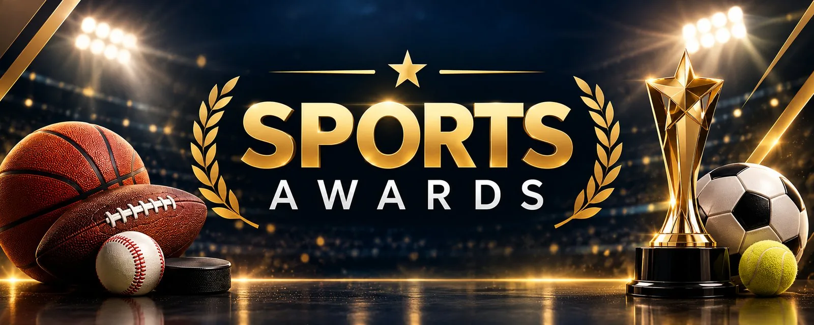 Sports Awards banner with a gold trophy, basketball, football, baseball, soccer ball and tennis ball